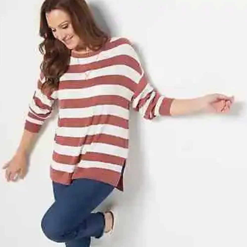 Belle by Kim Gravel Striped Heathered Pull On Long Sleeve Sweatshirt Sweater Top